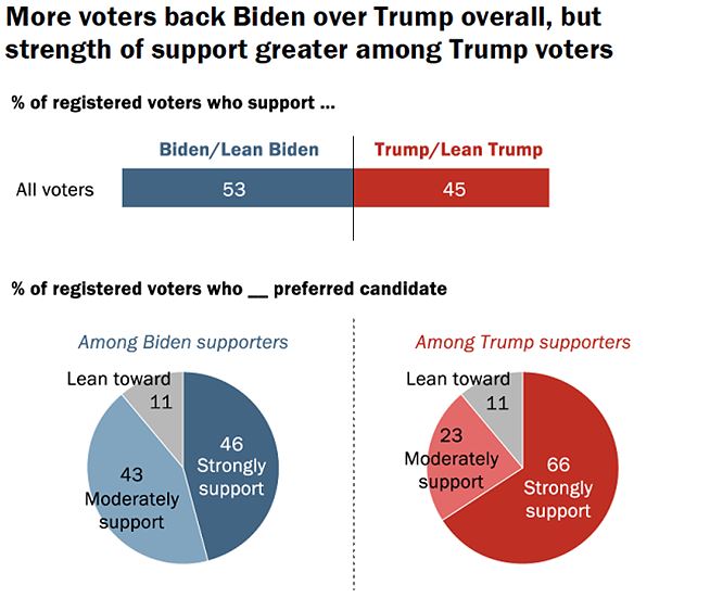 Процент поддержки Джо Байдена и Дональда Трампа избирателями США