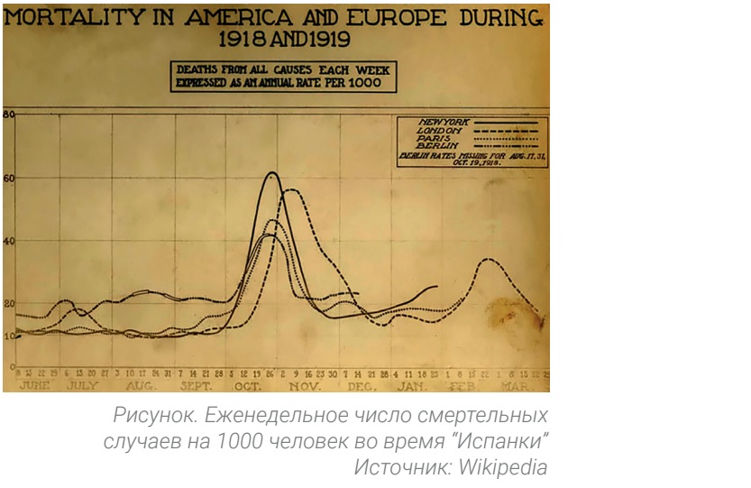 Число смертельных случаев на 1000 человек во время “Испанки”